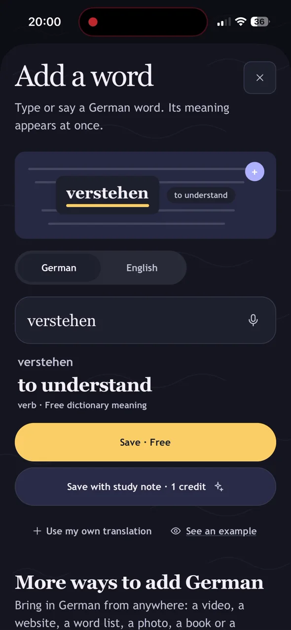 Adding verstehen with its free dictionary meaning