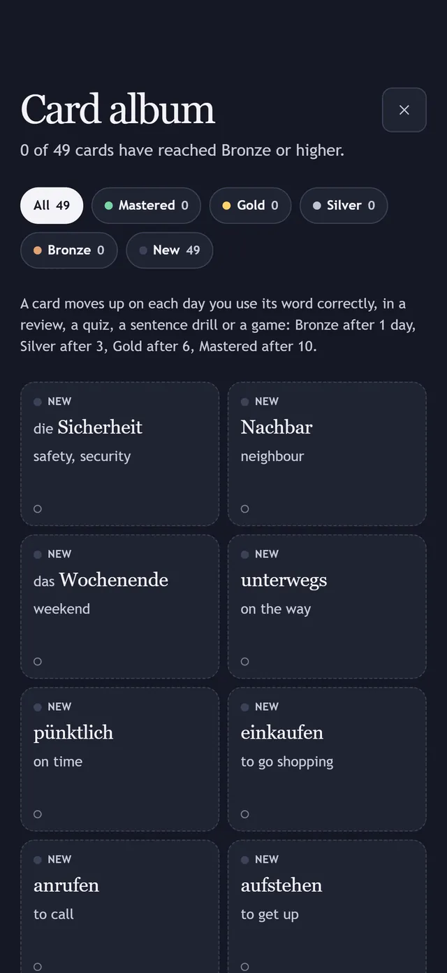The Card album: saved words as cards, from New to Mastered
