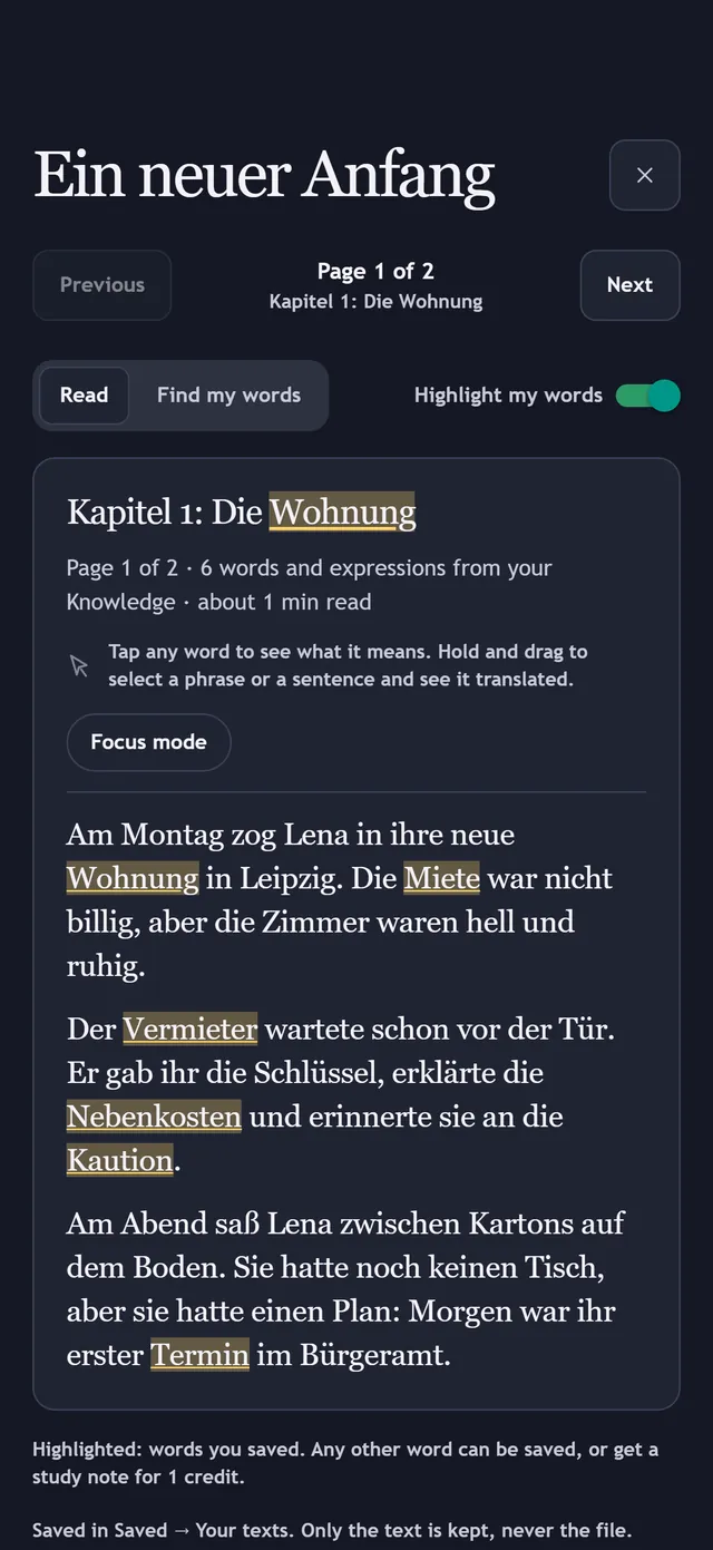 A German text file opened in Linota, with saved words such as Wohnung and Miete marked