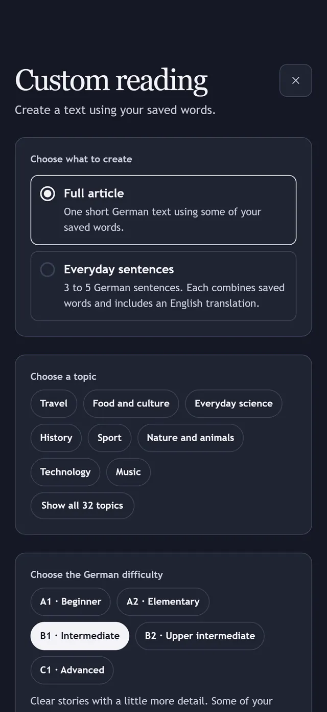 Custom reading: a full article or everyday sentences, and a topic