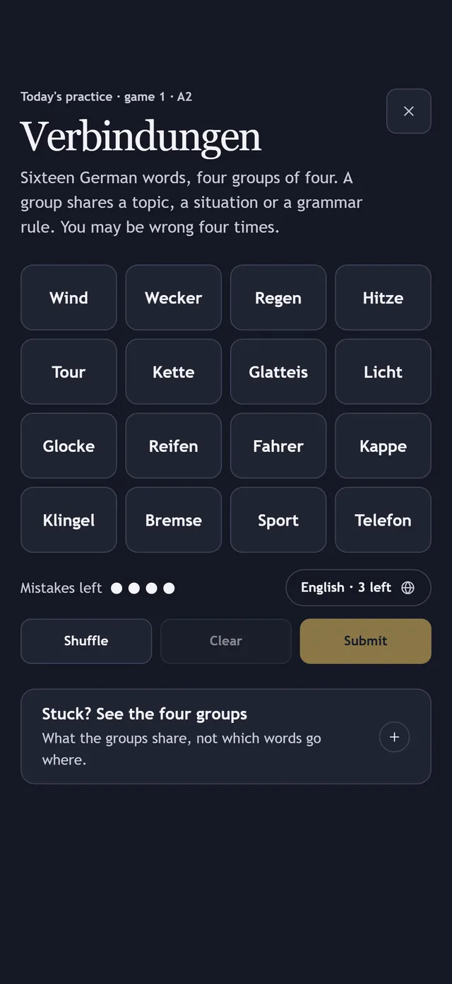 Today's practice starting with the Verbindungen puzzle: sixteen words, four groups