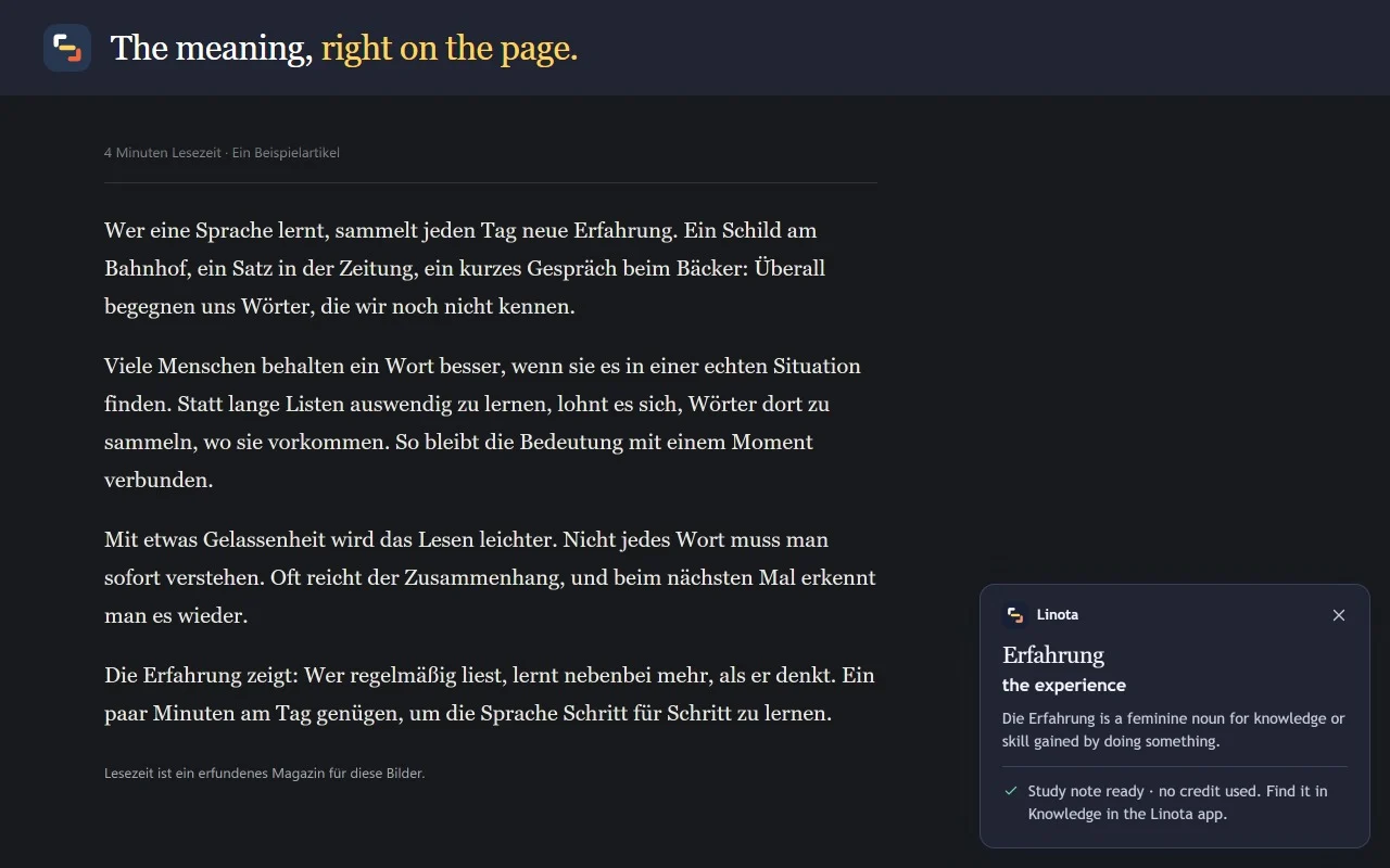 Linota’s Chrome extension explaining Erfahrung on the webpage