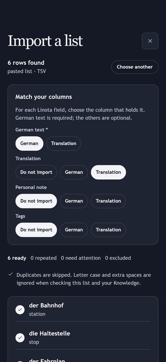 A pasted list of six station words, ready to import