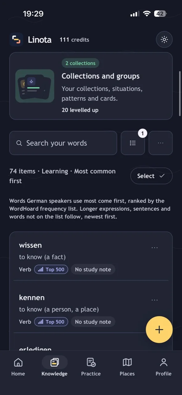 Saved words in Knowledge, sorted with the most common first