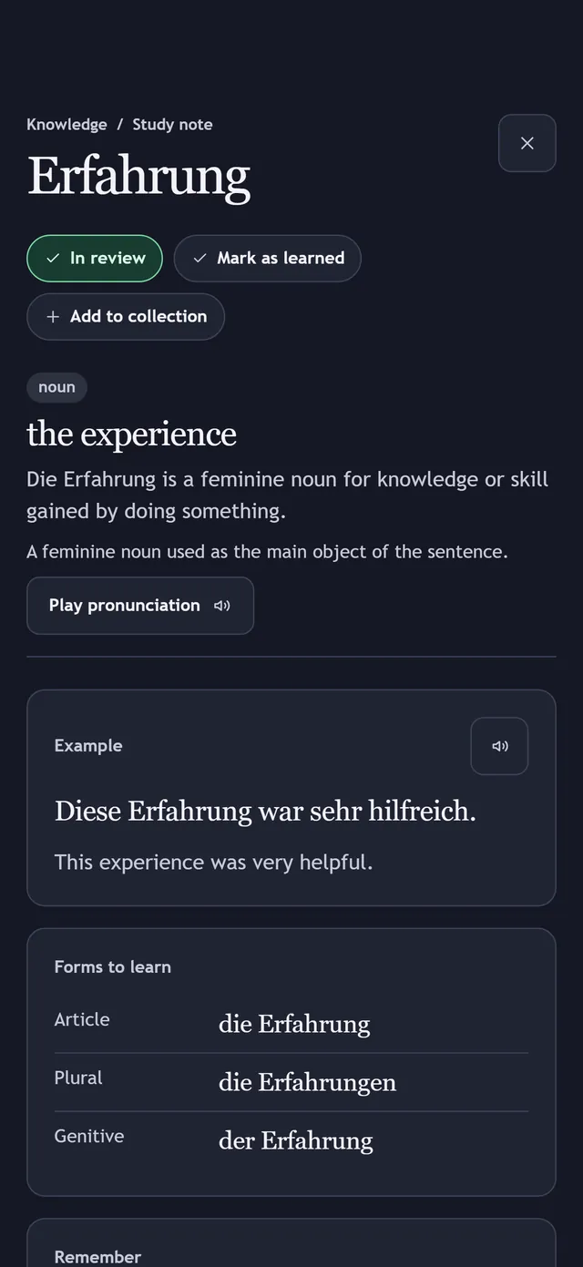 Erfahrung explained in a study note, with an example and the forms to learn
