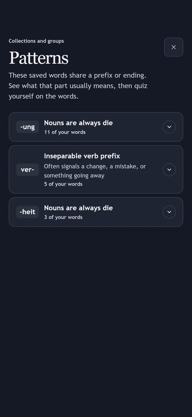 Patterns in saved words: -ung, ver- and -heit