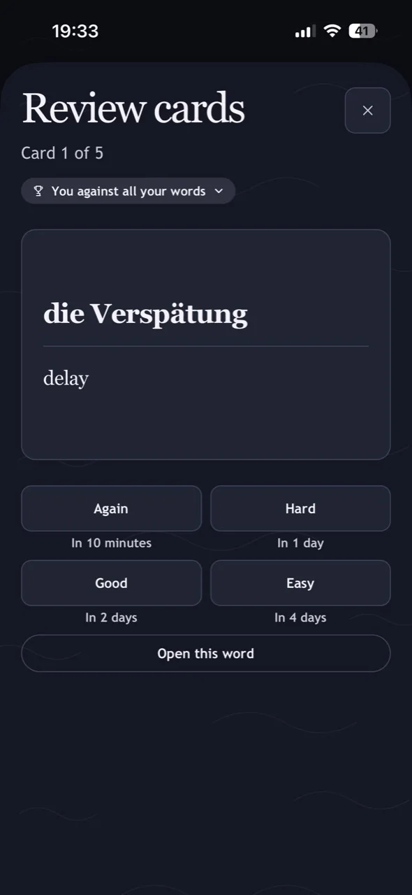 A review card for die Verspätung after revealing its meaning
