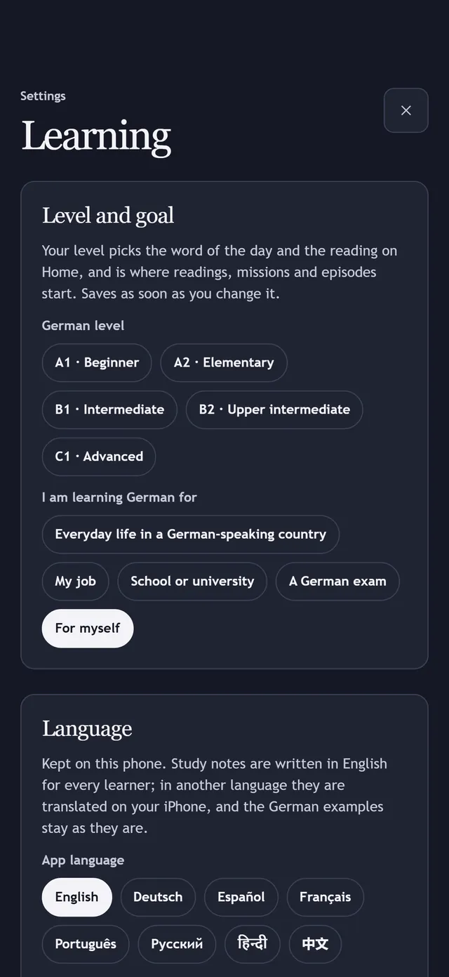 Settings, Learning: your level, your goal and the app language