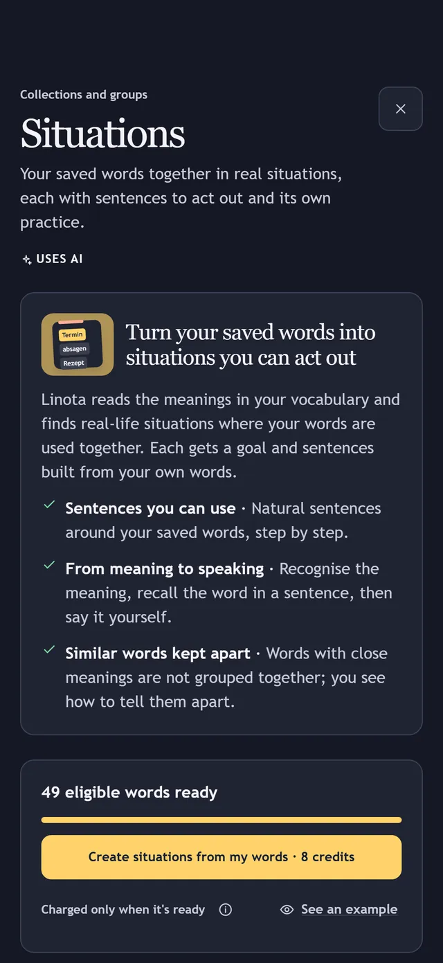 Situations: what Linota makes from your saved words