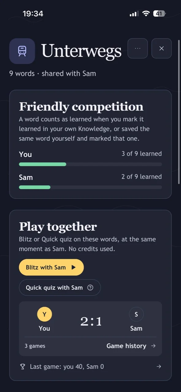 A collection shared with Sam, with live games and the score