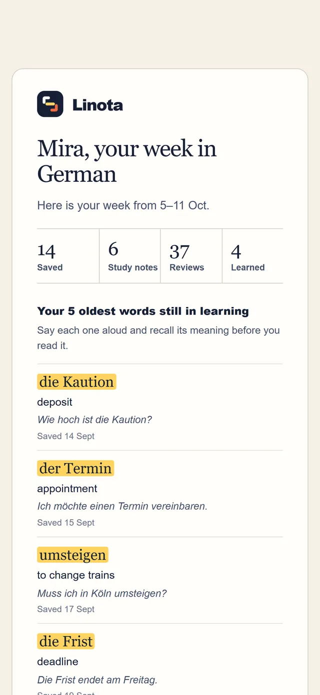 The weekly summary email on a phone, with last week's numbers and the oldest words