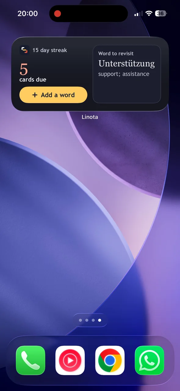 Linota's widget on an iPhone Home Screen